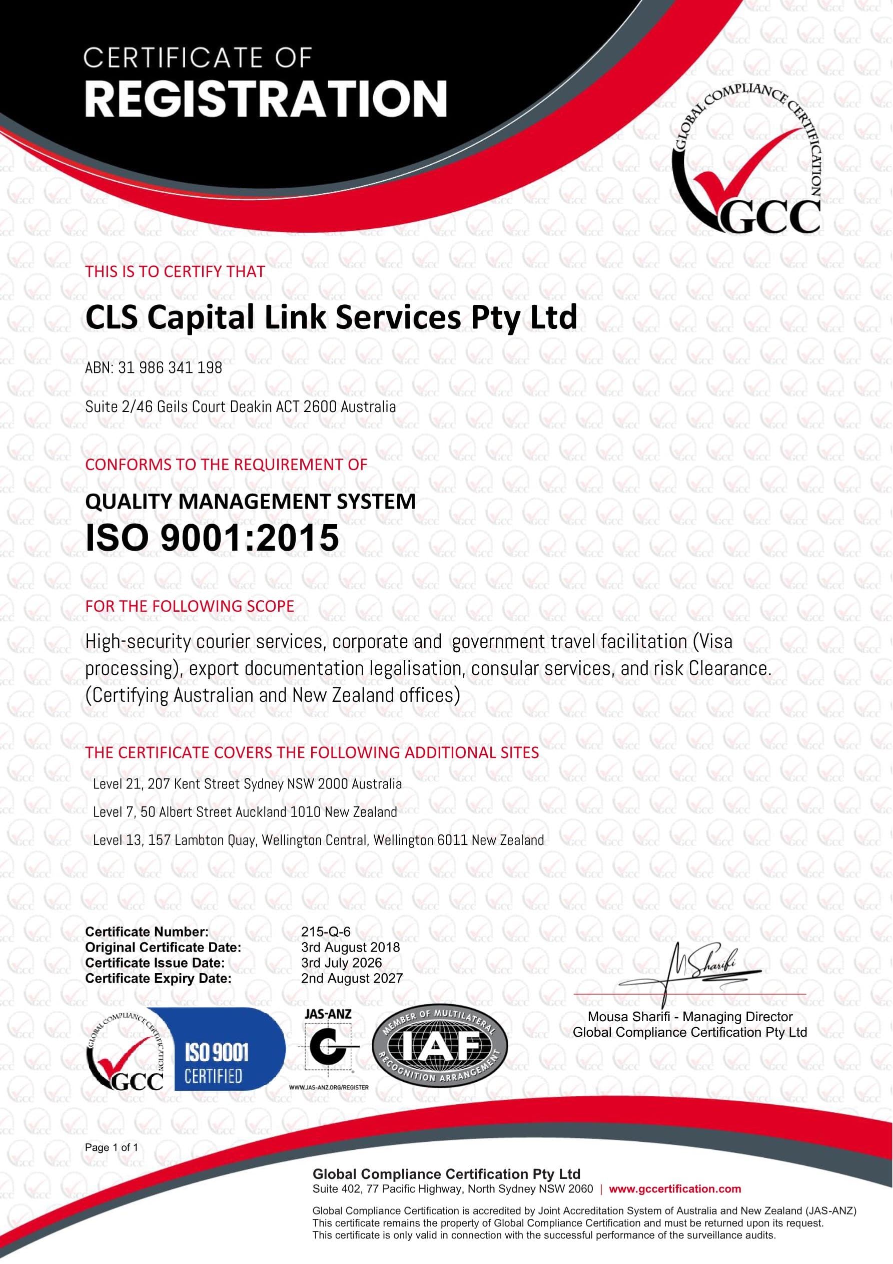 CLS Capital Link Services ISO 9001:2015 Certificate of Registration